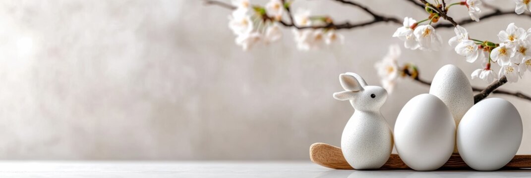 A serene Easter arrangement with decorative white eggs and a charming bunny figurine adorned with colorful blossoms, symbolizing spring and the spirit of renewal this joyous season