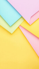 Aesthetic flat lay of pastel colorful envelopes and paper on pastel yellow background. Business concept. Generative AI