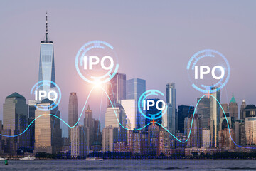 Skyscrapers Cityscape Downtown View, New York Skyline Buildings. Beautiful Real Estate. Sunset. IPO...