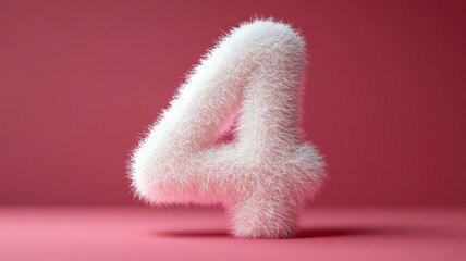 Fototapeta premium A cute white number 4 shaped like soft fur with short hair, floating in the air against a pink background.