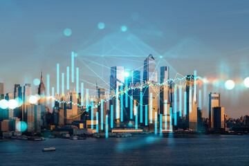 Skyscrapers Cityscape Downtown View, New York Skyline Buildings. Beautiful Real Estate. Sunset. Forex Financial graph and chart hologram. Business education concept.