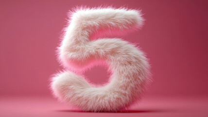 Fototapeta premium A cute white number 5 shaped like soft fur, with short hair, floating in the air against a pink background.