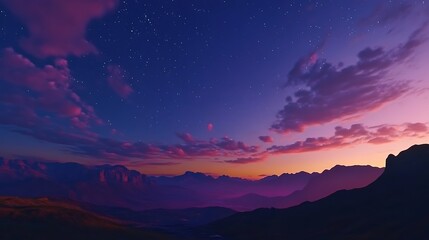 Stunning Wide Shot Photo: Vibrant Sunset Colors Paint the Majestic Mountain Range at Dusk. AI Generated
