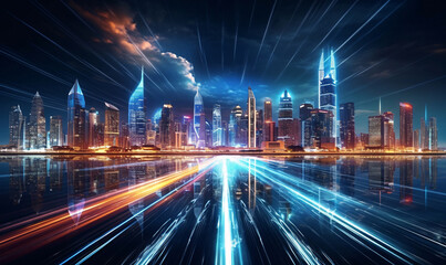 Fototapeta premium Night life smart futuristic city big data technology concept with modern transport infrastructure. Speed light trails path through smart modern mega city and skyscrapers.