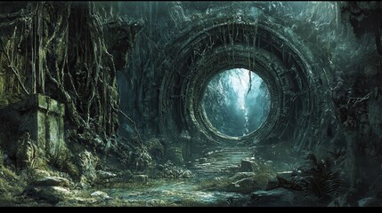 Overgrown Circular Gateway in a Mysterious Forest