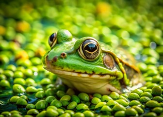 Fototapeta premium Hidden Green Frog in Duckweed - Nature Photography Stock Image