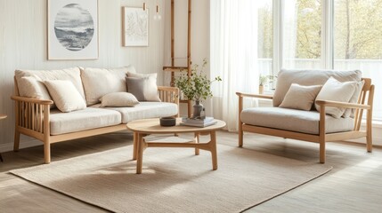 A cozy Scandinavian living room with light wood furniture, a soft beige rug, and minimalist decor accents
