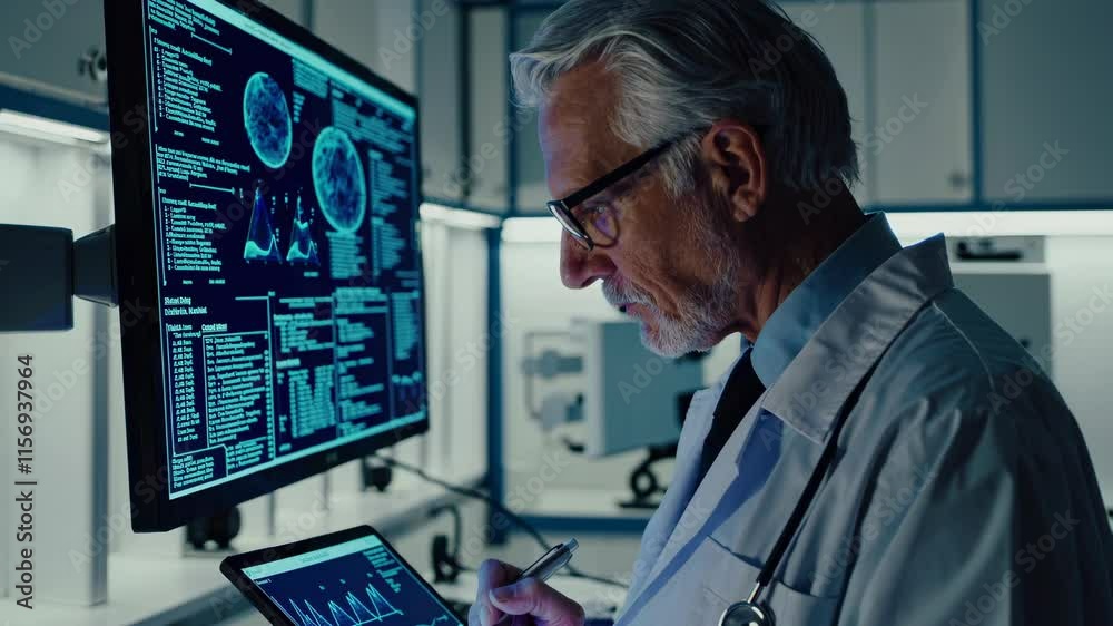 Poster expert scientist analyzes data on computer screen in a modern lab environment