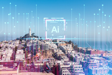 San Francisco cityscape with hologram AI interface overlay, futuristic technology and urban concept on a daytime background. Double exposure