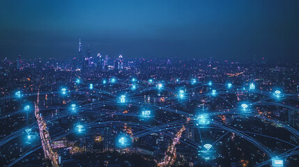 Obraz premium Smart digital Innovation city with connection network reciprocity over the cityscape. of future smart wireless digital city and social media networking systems that connects people with in city