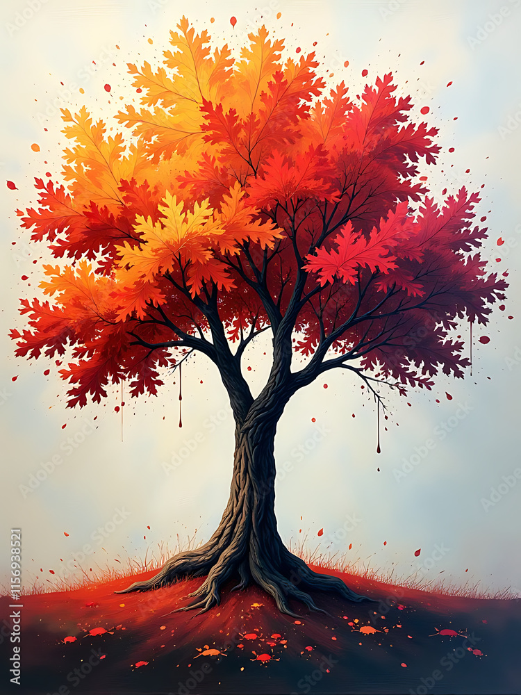 Poster vibrant autumn tree oil painting showcases colorful brushstrokes against a textured canvas in a beau