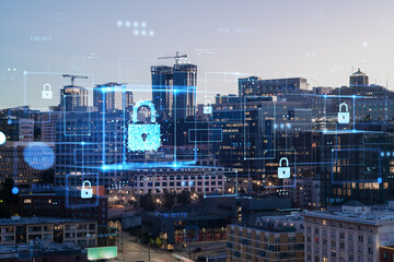 Seattle skyline at dusk with holographic cybersecurity icons overlay. Double exposure