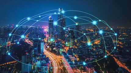 Smart digital Innovation city with connection network reciprocity over the cityscape. of future smart wireless digital city and social media networking systems that connects people with in city