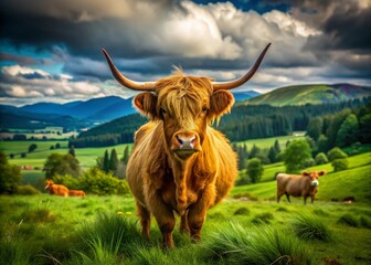 Highland Cattle Grazing in Scottish Highlands Farm Field - Authentic Documentary Photography