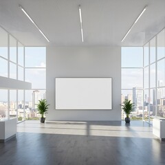 Modern exhibition hall interior with empty billboard, city view and daylight. Mock up, 3D Rendering