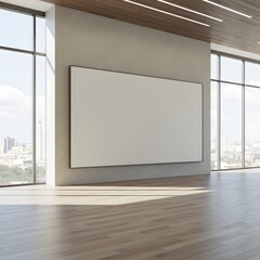 Modern exhibition hall interior with empty billboard, city view and daylight. Mock up, 3D Rendering
