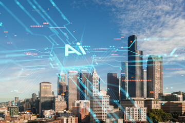 A hologram of the letters 'AI' over the Seattle skyline, with a blue sky background. Technology and future concept. Double exposure