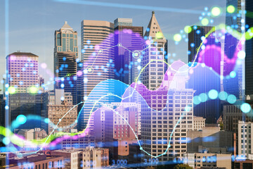 Seattle skyline with futuristic hologram graphs overlay. Photographic style against an urban backdrop. Economy and technology concept. Double exposure