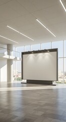 Modern exhibition hall interior with empty billboard, city view and daylight. Mock up, 3D Rendering