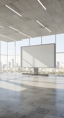 Modern exhibition hall interior with empty billboard, city view and daylight. Mock up, 3D Rendering