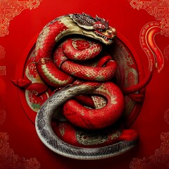 Obraz premium Chinese lunar new year snake in traditional design style on red background with an ornament