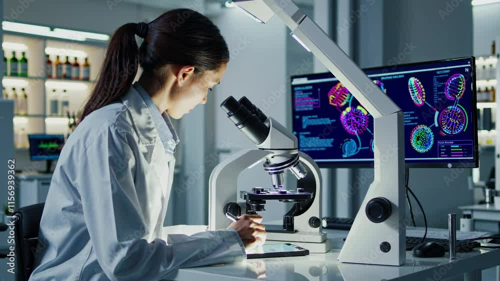 Poster scientist conducts research with microscope in modern laboratory exploring cellular structures