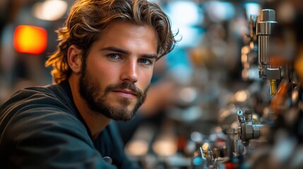 Portrait of a handsome young man with wavy hair and beard, working in an industrial setting.