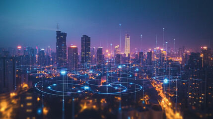 Obraz premium Smart digital Innovation city with connection network reciprocity over the cityscape. of future smart wireless digital city and social media networking systems that connects people with in city