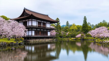 Naklejka premium Serene Japanese Garden Pagoda Cherry Blossoms Koi Pond