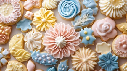 A whimsical arrangement of cookie cutters in pastel colors, with cookies featuring intricate icing details