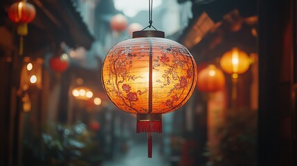 A glowing lantern illuminates a narrow alley, enhancing the cultural ambiance of the scene.