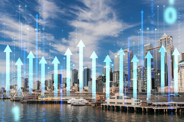 Seattle cityscape with futuristic holographic arrows and digital elements overlay. Concept of urban development and technology. Double exposure