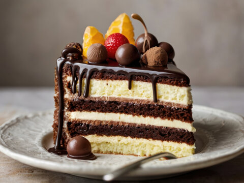 Rebanada de un delicioso pastel con varias capas, algunas frutas y nueces en la parte superior
