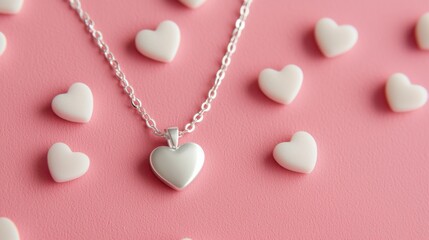 Fototapeta premium valentine jewelry concept Heart-shaped necklace on a pink background surrounded by small white hearts.