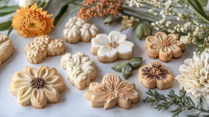 Fototapeta premium Cookie cutters in floral and botanical shapes, paired with cookies featuring natural, earthy tones
