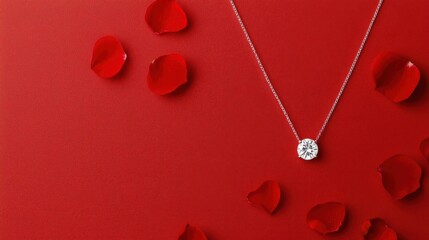 valentine jewelry concept Elegant necklace with a sparkling pendant on a red background adorned with rose petals.