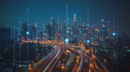 Smart digital Innovation city with connection network reciprocity over the cityscape. of future smart wireless digital city and social media networking systems that connects people with in city