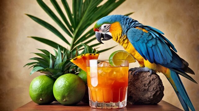 parrot and tropical cocktail