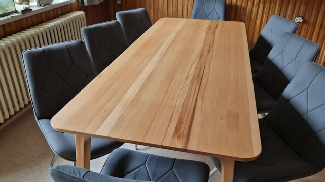 home dining table made of beech wood. around there are 8 chairs with upholstery and geometric stitching. an empty table top without a tablecloth suitable for advertising purposes.