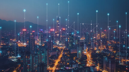 Fototapeta premium Smart digital Innovation city with connection network reciprocity over the cityscape. of future smart wireless digital city and social media networking systems that connects people with in city