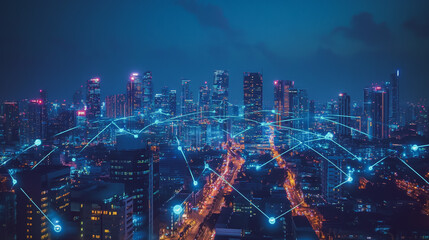 Fototapeta premium Smart digital Innovation city with connection network reciprocity over the cityscape. of future smart wireless digital city and social media networking systems that connects people with in city