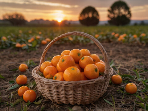 Cesta de mimbre con mandarinas de sumo en una granja
