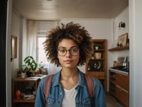 Mujer hermosa joven con una mochila en su apartamento lista para salir

