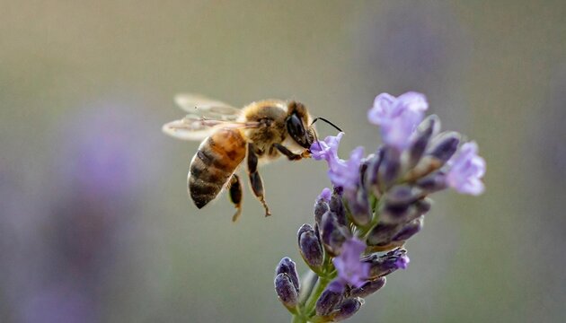 Bee hovering near a lavender flower with a blurred background