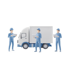 Team of delivery workers inspecting a truck, showcasing logistics and teamwork., isolated on a transparent background.