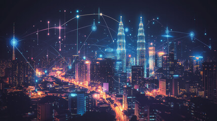 Fototapeta premium Smart digital Innovation city with connection network reciprocity over the cityscape. of future smart wireless digital city and social media networking systems that connects people with in city