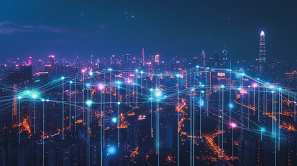 Fototapeta premium Smart digital Innovation city with connection network reciprocity over the cityscape. of future smart wireless digital city and social media networking systems that connects people with in city