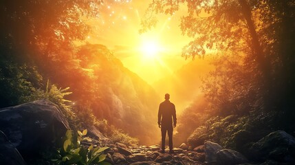 Obraz premium Majestic Sunrise Photo: Man Silhouetted Against Vibrant Tropical Valley. AI Generated