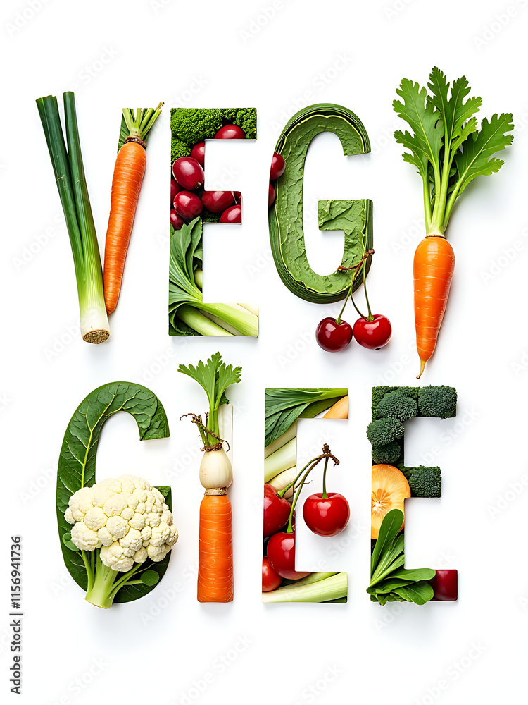 Poster veggie words isolated on white background feature a collage of cauliflower cherry carrot and leek im