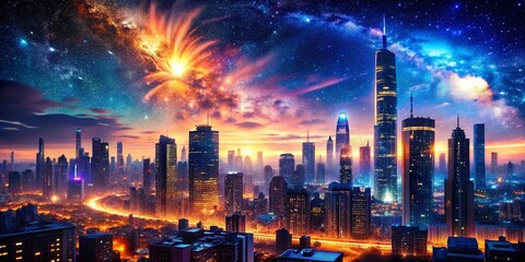 Obraz premium Infinite Zoom Night Cityscape: Abstract Lights and Galactic Nebula Background